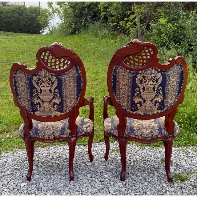 Pair Antique French Rococo Fireside Arm Chairs For Sale - Image 4 of 12
