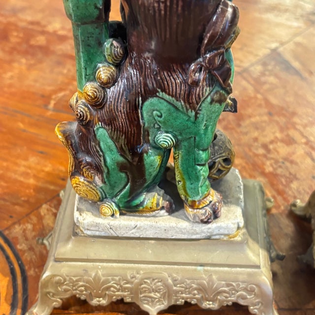 Antique Fo Dog Candleholders in Majolica and Bronze, 1800, Set of 2 For Sale - Image 13 of 15
