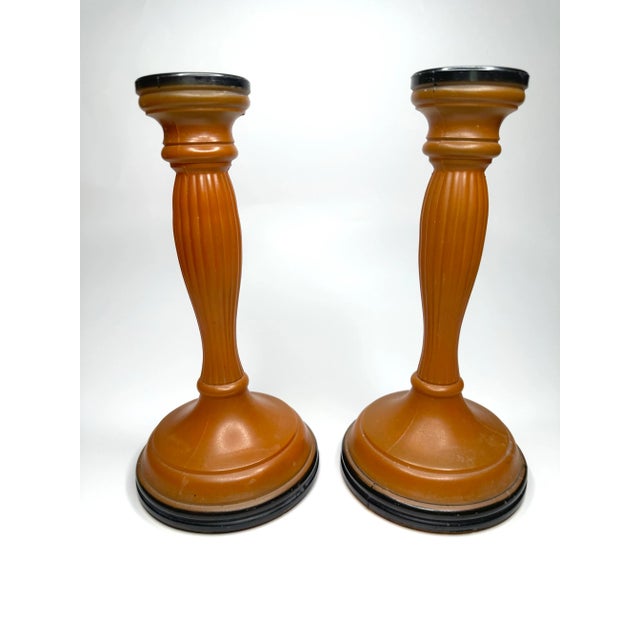 1920s Vintage Art Deco Orange & Black Czechoslovakian Glass Candlesticks, a Pair For Sale - Image 5 of 11