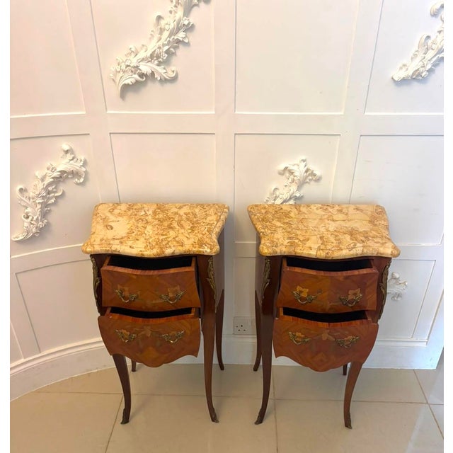 Antique French Kingwood Marquetry Marble Top Nightstands, 1920, Set of 2 For Sale - Image 4 of 18