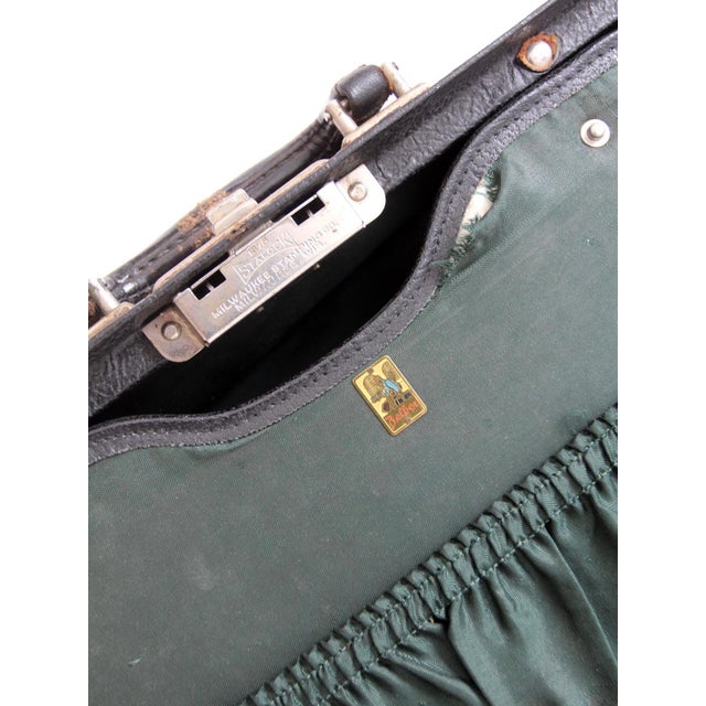 Black Vintage 1930s Belber Black Leather Suitcase With Green Interior For Sale - Image 8 of 18