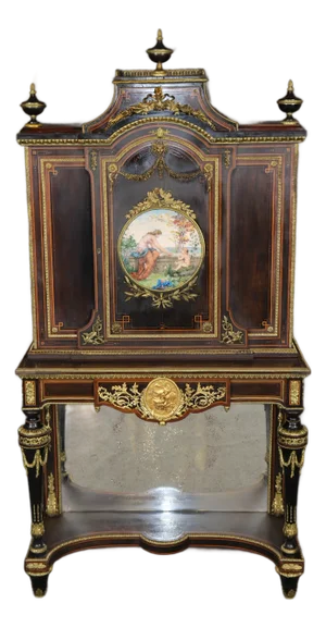 French Louis XVI Style Ebonized & Bronze Cabinet W/ Porcelain Plaques Att Raulin
