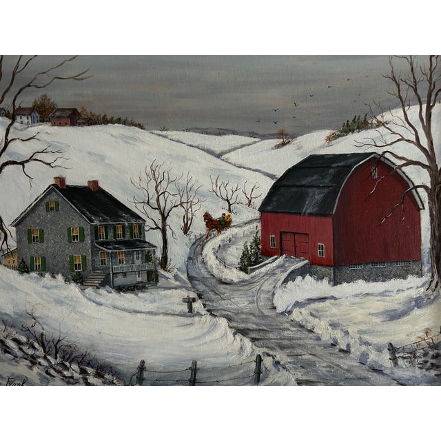 Vintage Lancaster County Pa Farm Scene Snowy Landscape Oil Painting For Sale - Image 4 of 7