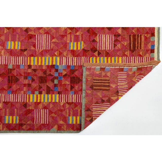 Mid-Century Modern Modern Scandinavian Red Kilim – Handmade Geometric Flatweave Wool 9x12 For Sale - Image 3 of 10