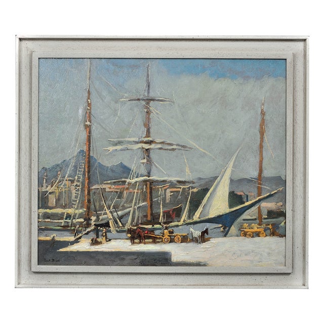 Paul Bret, Unloading & Loading Ships, Palermo Harbour, Sicily, 1930s, Oil Painting, Framed For Sale