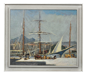 Paul Bret, Unloading & Loading Ships, Palermo Harbour, Sicily, 1930s, Oil Painting, Framed