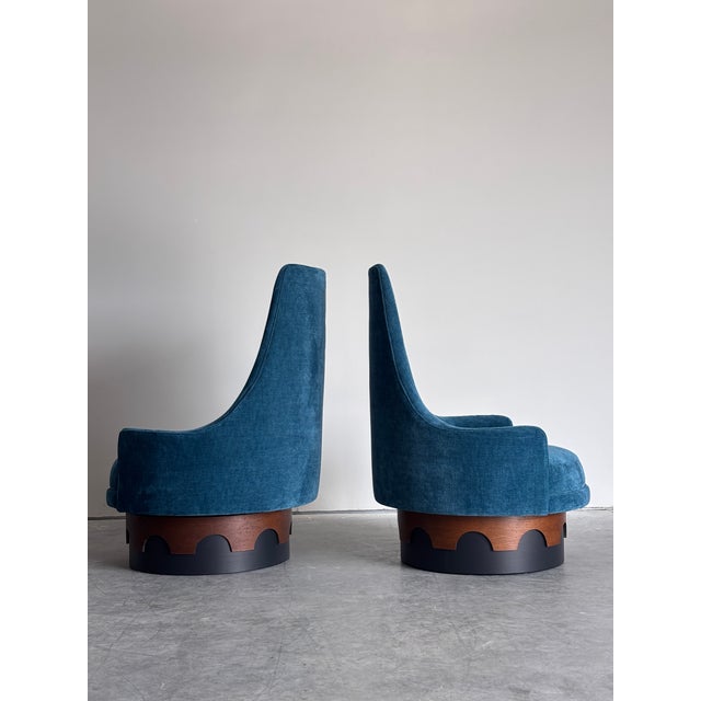 Striking pair of Adrian Pearsall Strictly Spanish swivel club chairs. They’ve been fully restored, reupholstered and...