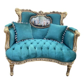 1980 French Artisan Louis XVI Gold Green Velvet Settee For Sale