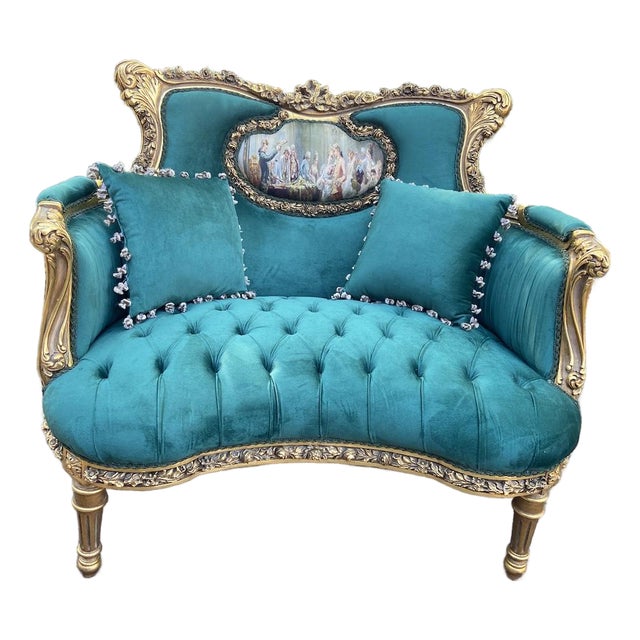 1980 French Artisan Louis XVI Gold Green Velvet Settee For Sale