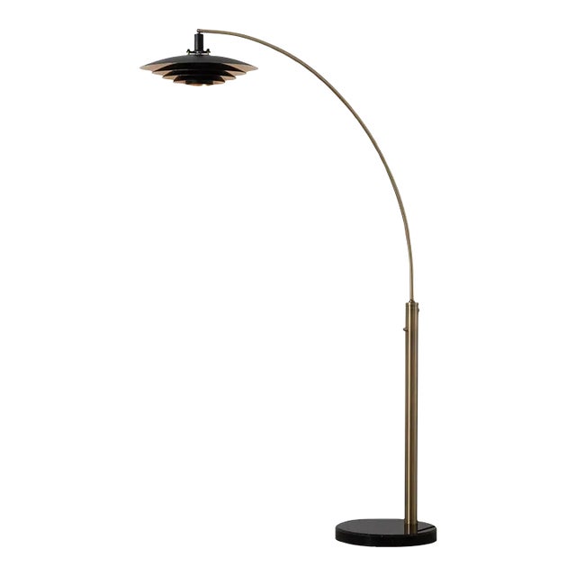 Rancho Mirage 1 Light Arc Floor Lamp - 86", Antique Nickel Finish, Matte Black & Silver-Leaf Shade, Marble Base, Dimmer Switch For Sale