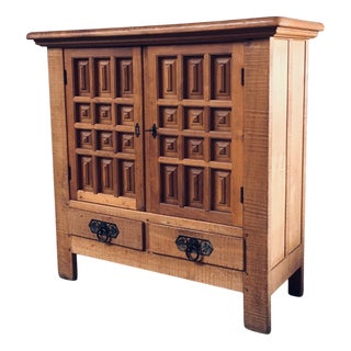 Brutalist Spanish Carved Oak High Cabinet, 1960s For Sale