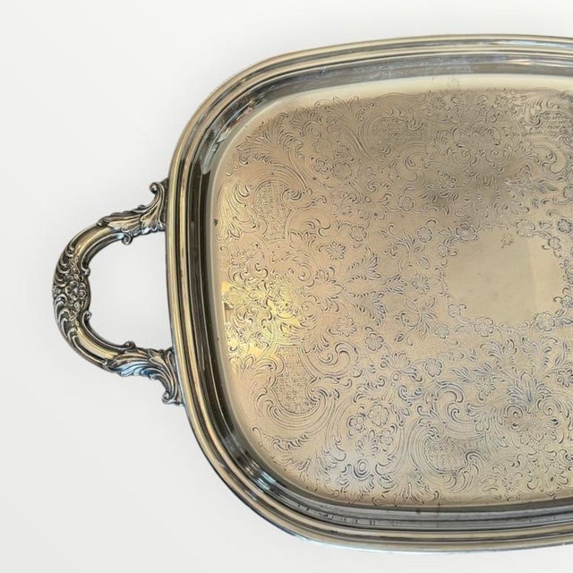 Vintage Silver Plate Large Butler's Buffet Tray With Handles and Feet For Sale - Image 9 of 18