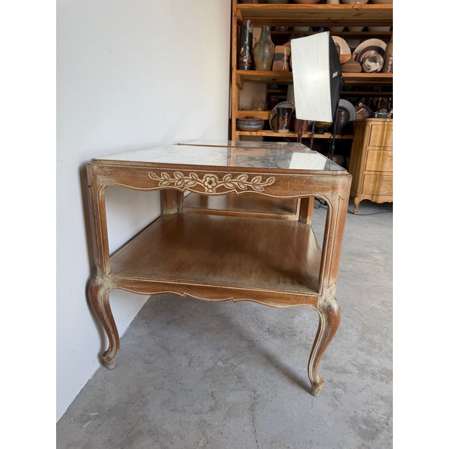 Vintage French Provincial Style Two Tier Marble Top End Tables – A Pair For Sale - Image 11 of 17