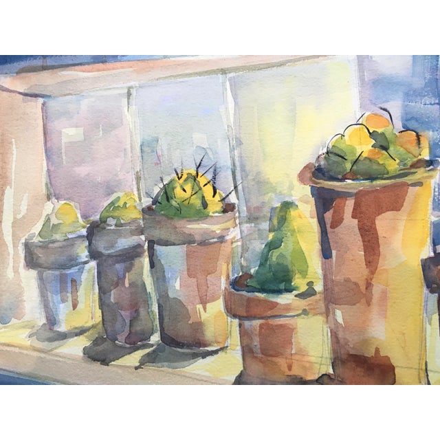 Cerulean Potted Succulents, 1980's Still Life Watercolor Painting, Signed and Framed For Sale - Image 8 of 12
