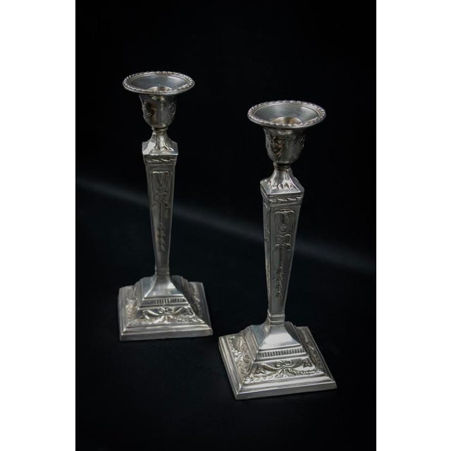 Silver Early 20th Century Neo-Classical Adam Revival Silver-Plated Metal Candlesticks, Europe, Set of 2 For Sale - Image 8 of 13