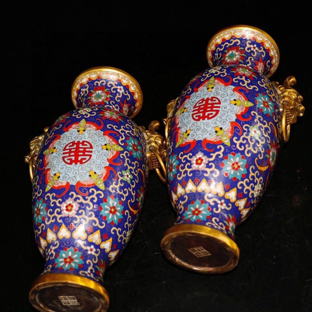 Metal Pair of Chinese Cloisonné Vases | Gilt Bronze Handles & Taotie Mask Motif For Sale - Image 7 of 9