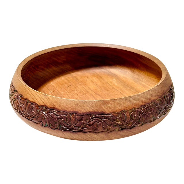 1970s Hand-Carved Wooden Bowl With Floral Band – Rustic Artisan Centerpiece For Sale