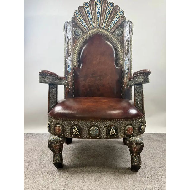 Portuguese Colonial Style Leather & Filigree Design Throne Chair For Sale - Image 4 of 12