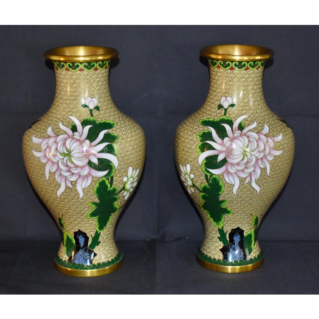Chinese Vintage Chinese Cloisonne Enamel Vases Pair Mirrored Floral Chrysanthemum Mums For Sale - Image 3 of 15