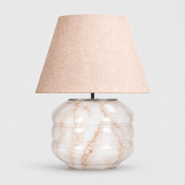 Hand-Blown Glass Table Lamp with Linen Shade in White Marble by Svitanok For Sale - Image 4 of 4