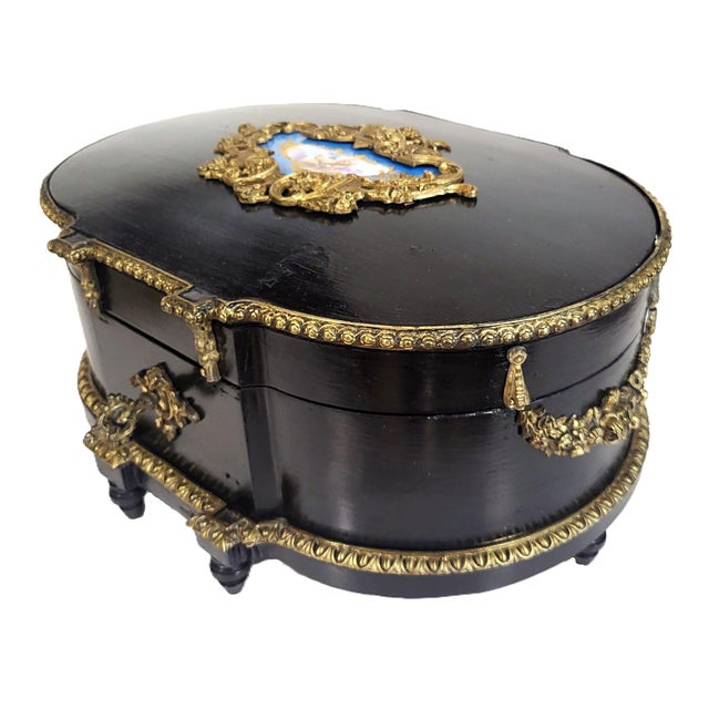 XXL Antique French Ebony Napoleon III Bronze & Sevres Plaque Vanity Jewelry Box For Sale In New York - Image 6 of 15