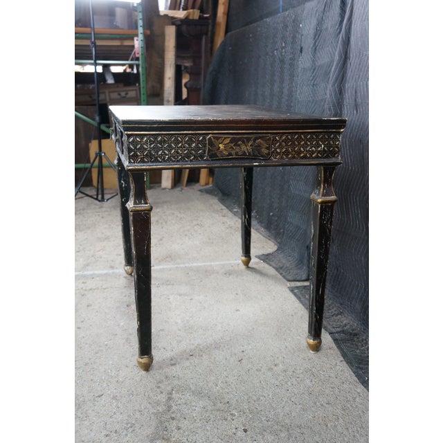 Wood Vintage Chinoiserie Black Lacquered Floral Bird Writing Desk Library Table 35" For Sale - Image 7 of 18