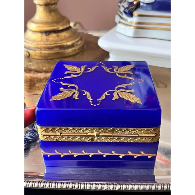 1960s 1960s Cobalt / Lapiz Italian Opaline Glass Casket With Gold Mounts and Beautiful Enamel Detail For Sale - Image 5 of 12
