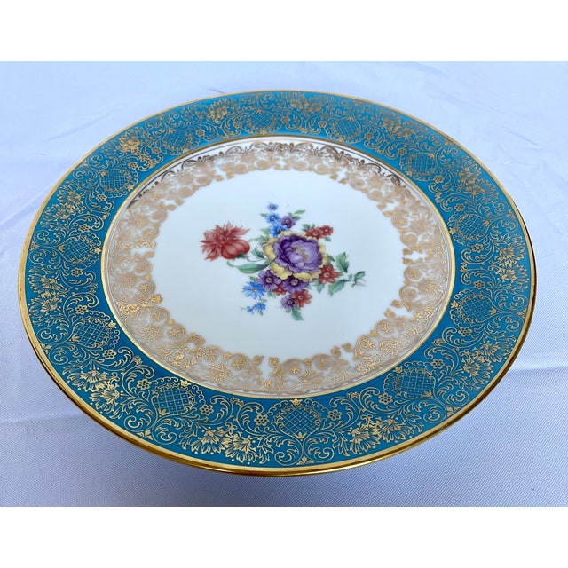 Hollywood Regency Vintage 1930s Rosenthal Germany Turquoise & Gold Encrusted Porcelain Dinner Plate For Sale - Image 3 of 7