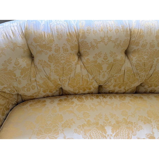 Vintage Sherrill Yellow Gold Foral Damask Tufted Sofa With Tuxedo Skirt & Throw Pillows For Sale - Image 9 of 11