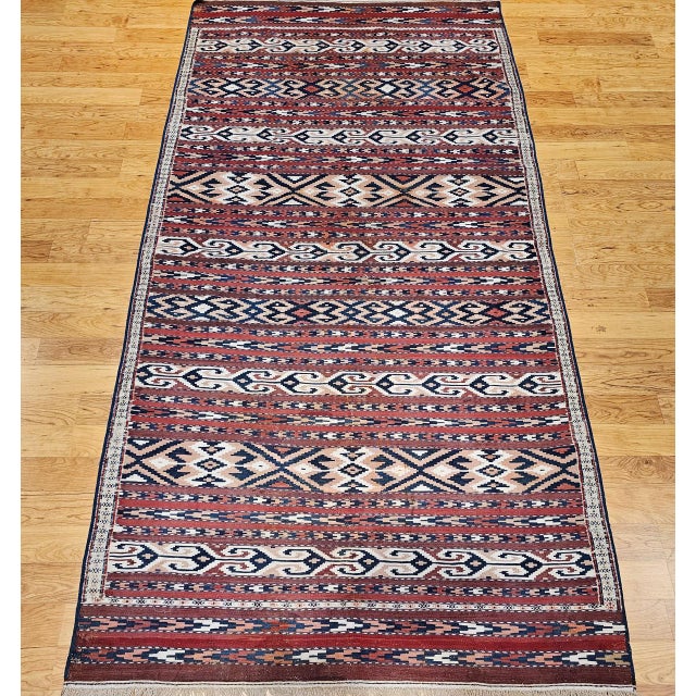 Early 20th Century Antique Turkmen Yomut Soumak Kilim, Handwoven Wool, Geometric Pattern, Rust & Blue, 5x10 For Sale - Image 5 of 13