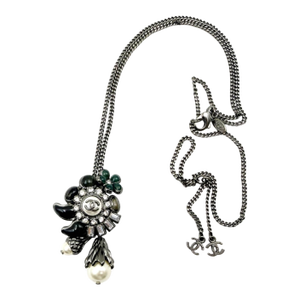 Chanel Rare Gunmetal CC Green Floral Pearl Crystal Necklace