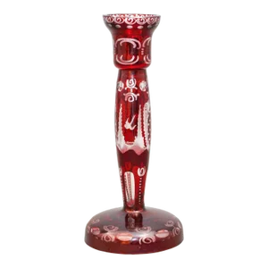 Egermann Bohemian Ruby Red Cut to Clear Crystal Glass Candlestick 1960s