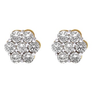 14K Yellow Gold 2.0 Cttw Diamond Floral Cluster Stud Earring with Screw Back (H-I Color, SI1-SI2 Clarity) For Sale