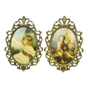 Early 20th Century Italian Ornate Brass Frame With Convex Glass With Original Prints- Set of 2