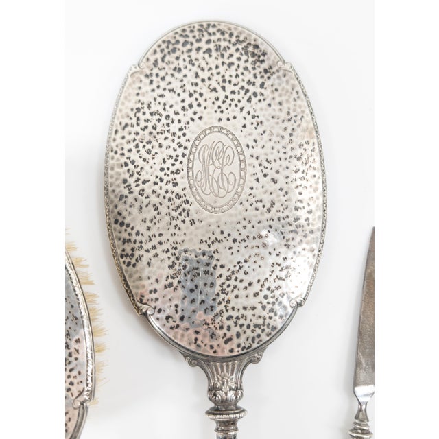 20th Century American Sterling Silver Art Deco Style Dresser Set With Mirror and Brush For Sale - Image 4 of 11
