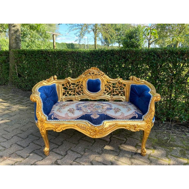 Late 20th Century Late 20th-Century French Louis XVI Gilded Beech Settee in Blue Damask For Sale - Image 5 of 12