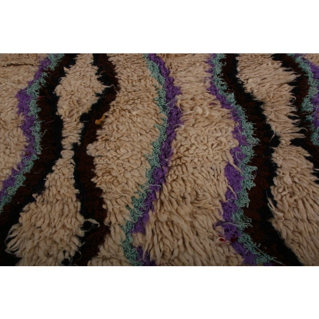 Vintage Moroccan Tribal Geometric Beige Brown and Blue Wool High Pile Rug For Sale - Image 4 of 7