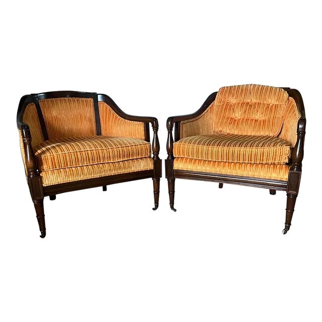 Pair of Vintage Hollywood Regency Style Mahogany Inlaid Club Lounge Armchairs by Statesville Club For Sale