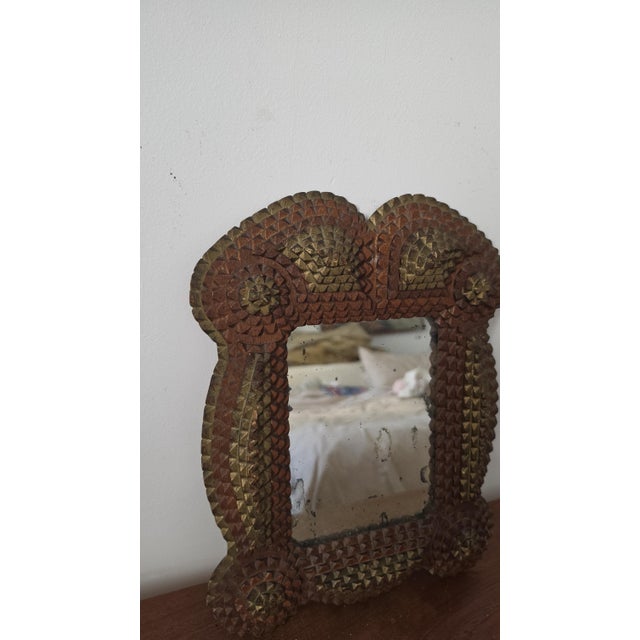 Antique Tramp Art Mirror, Folk Art Carved Wood Mirror, Rustic Americana Wall Decor, Hand Carved Wooden Frame For Sale - Image 6 of 15