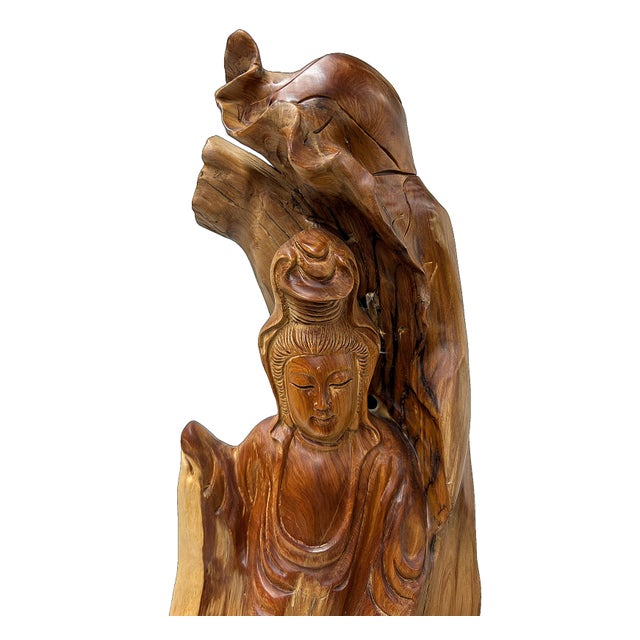 Chinese Chinese Cypress Wood Carved Bodhisattva Kwan Yin Tara Statue For Sale - Image 3 of 10