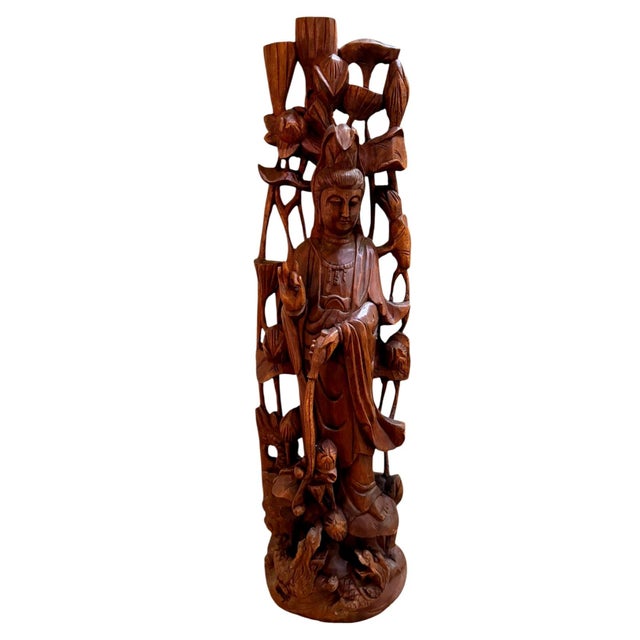 Vintage Chinese Hand-Carved Wood Guanyin Bodhisattva Sculpture with Lotus & Birds Striking large vintage Chinese carved...