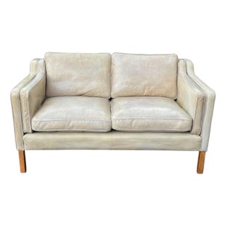 Danish Modern Patinated Tan Leather Loveseat in the Style of Børge Moge For Sale