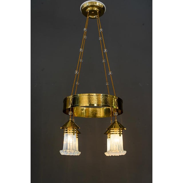 Art Deco Hammered Chandelier with Opaline Glass Shades, Vienna, 1920 For Sale - Image 6 of 18