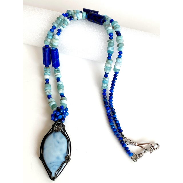 Organic Modern Artisan Larimar, Lapis Lazuli & Herkimer Diamond Sterling Silver Statement Necklace For Sale - Image 9 of 17