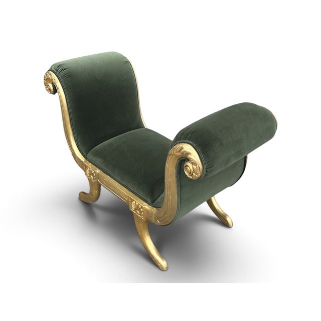 1930s Vintage Hollywood Regency Neoclassical Giltwood Scroll-Arm Bench in Green Velvet For Sale - Image 5 of 12