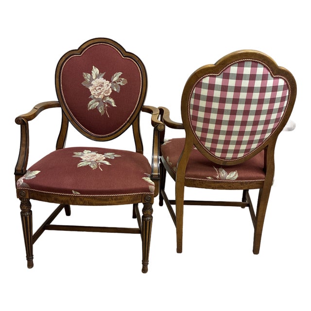 Late 20th Century French Country Louis XVI Style Embroidered Rose Front and Gingham Check Back Armchairs (Pair) For Sale