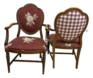 Late 20th Century French Country Louis XVI Style Embroidered Rose Front and Gingham Check Back Armchairs (Pair)