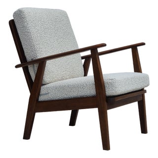 Danish Armchair in White Furniture Fabric & Beech, 1960s For Sale