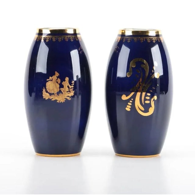 Early 20th Century Pair of Gilt and Cobalt Limoges Vases For Sale - Image 6 of 6