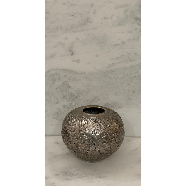 Art Nouveau Vintage Repousse Vase With Raised Grape and Leaf Silver Relief For Sale - Image 3 of 14